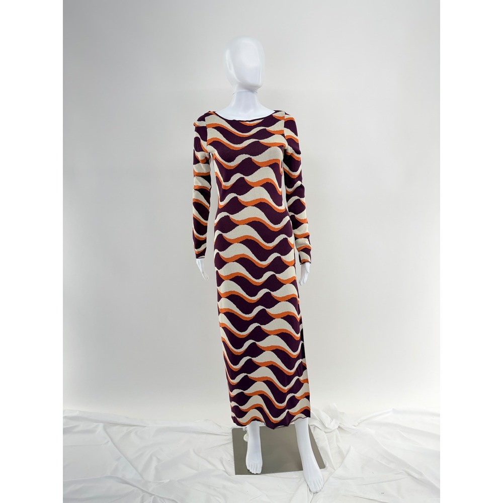 MISA LOS ANGELES Wavy Knit Maxi Dress Long Sleeve Side Slit Purpl Orange Cream M - Picture 3 of 10